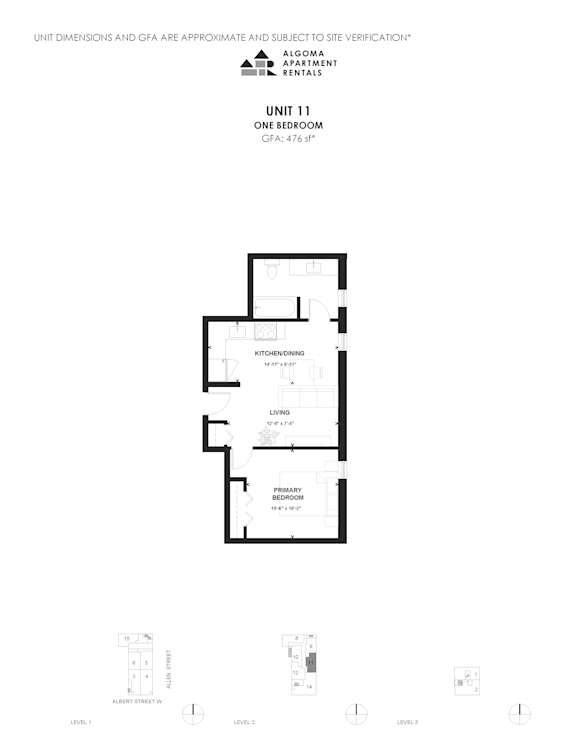 A floor plan of a one bedroom apartment with a kitchen and living room.