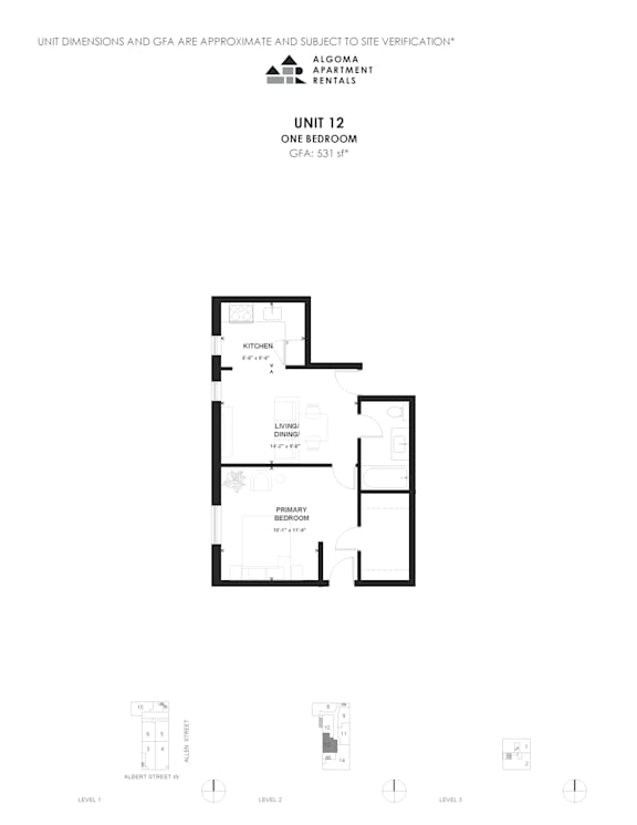 Floor Plan  A floor plan for Unit 12, a one bedroom unit, is displayed.