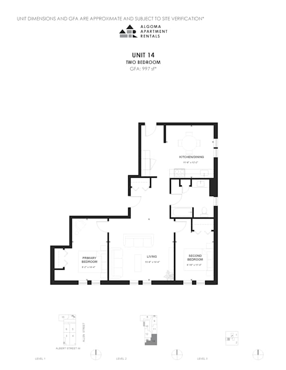 A floor plan for Unit 14, a two bedroom apartment, shows the layout of the rooms.