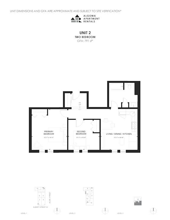 A floor plan of a two bedroom apartment with a living room and a dining kitchen.