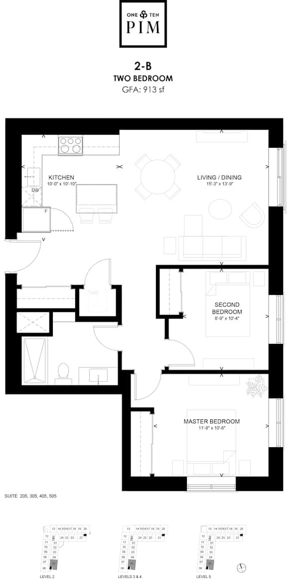 A black and white image of a two-bedroom apartment floor plan.
