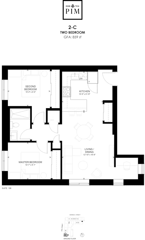 A floor plan for a 2-bedroom apartment with a living and dining area.