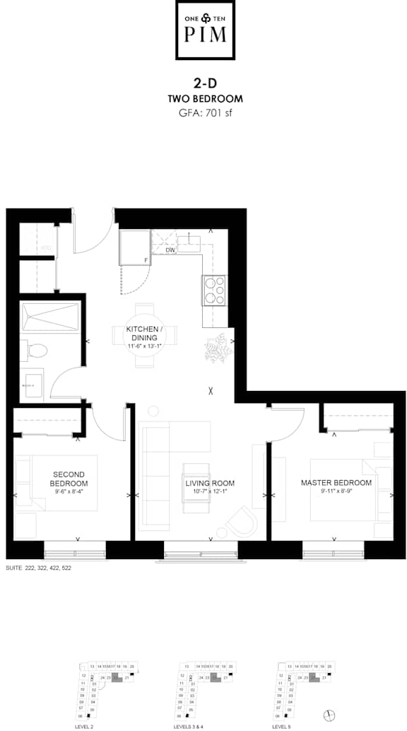 A black and white image of a 2-D floor plan for a two bedroom apartment.