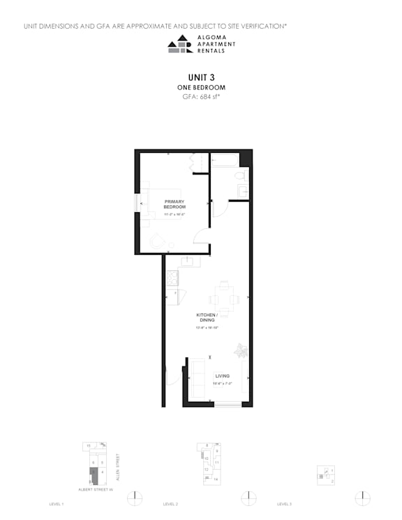 Floor plan of a one bedroom apartment.