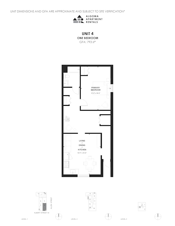 A floor plan of a one bedroom apartment with dimensions.