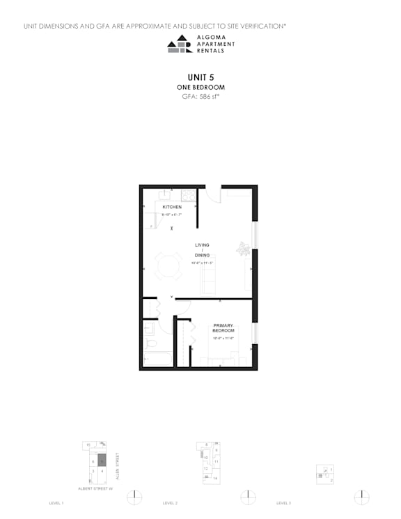 A black and white architectural floor plan for Unit 5, One Bedroom, Class A, 365 sq ft.