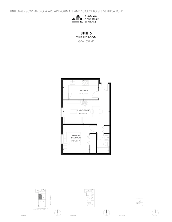 A floor plan of a one bedroom apartment with a kitchen and a bathroom.