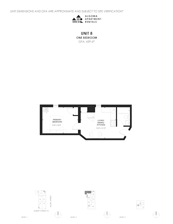 A floor plan and elevations of a one bedroom unit.
