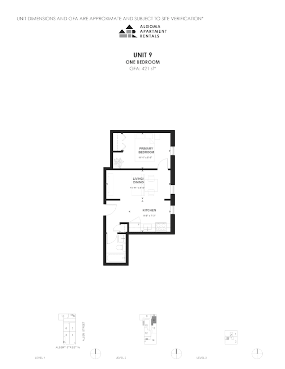Floor Plan  A black and white architectural floor plan for a one bedroom apartment.