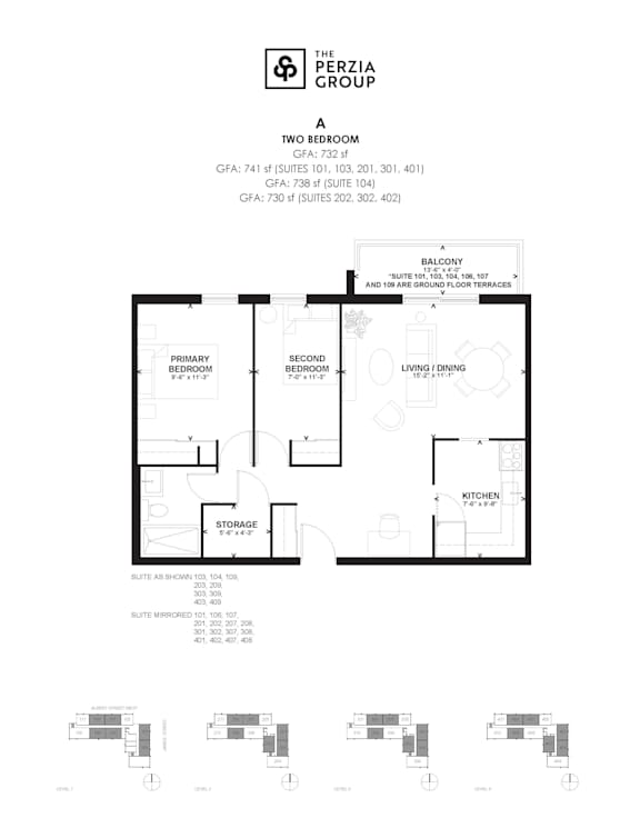 A floor plan for a two bedroom apartment with a primary bedroom, a secondary bedroom, a living room, a dining room, a kitchen, and a storage area.