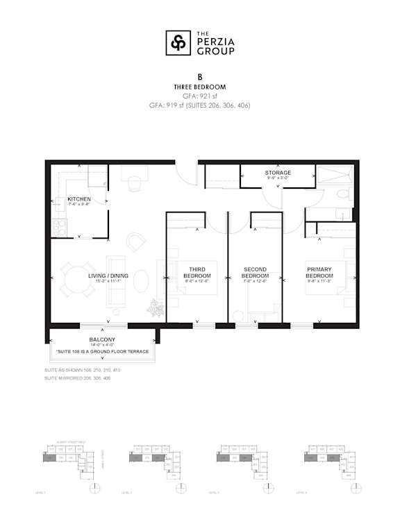 A floor plan for a three bedroom apartment is shown.
