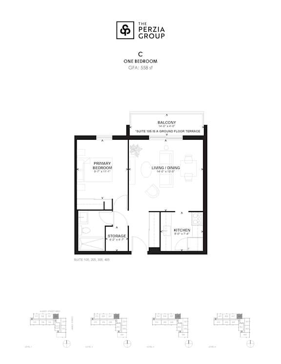 A floor plan for a one bedroom apartment from the Perzia Group.