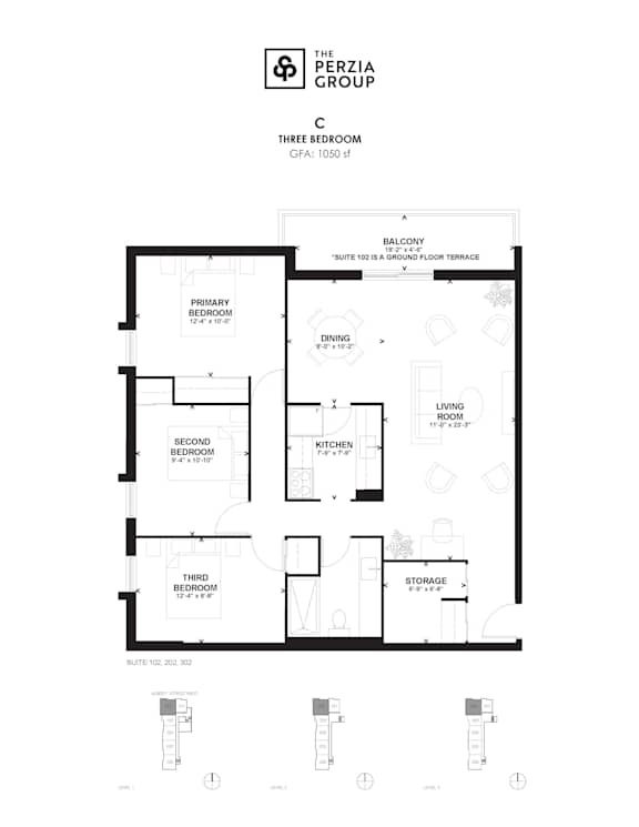 A floor plan for a three bedroom apartment with a balcony.