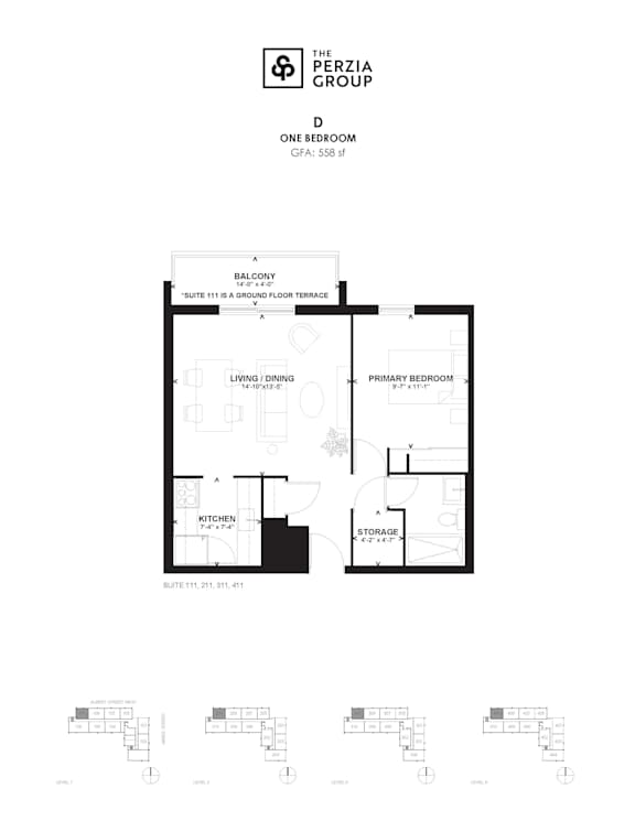 A floor plan for a one bedroom apartment from the Perzia Group.