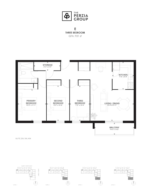 A floor plan for a three bedroom apartment is shown.