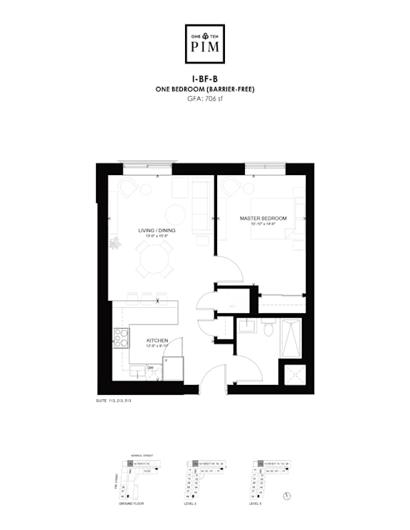 A floor plan of a one bedroom apartment with a living and dining area, a kitchen, and a master bedroom.
