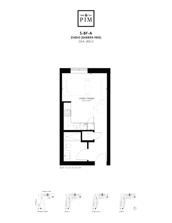 A floor plan for a studio apartment with a kitchenette and living room.