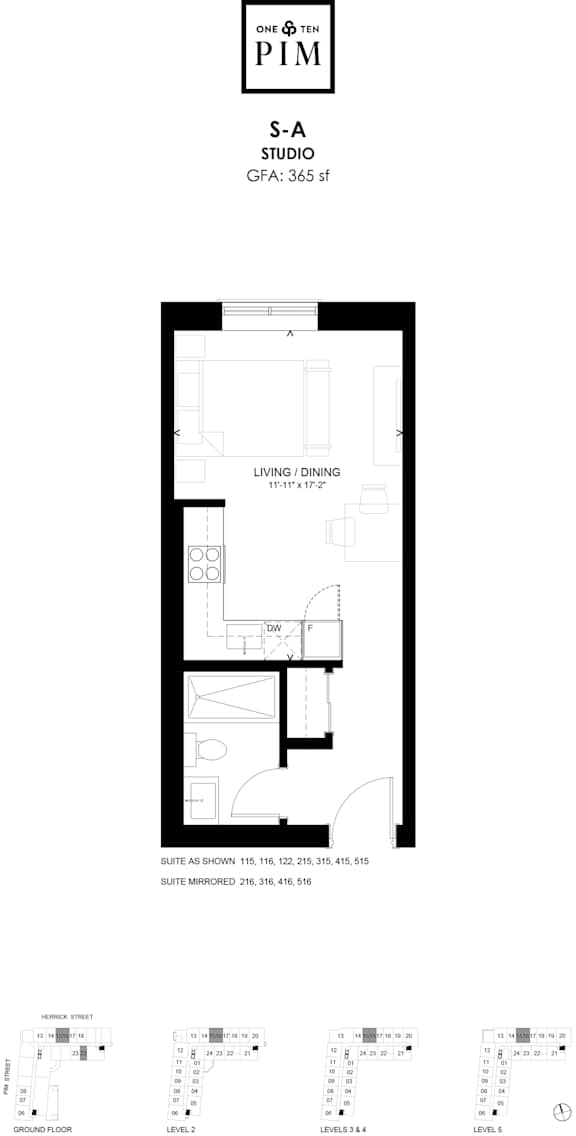 A floor plan for a studio apartment sized 365 square feet.