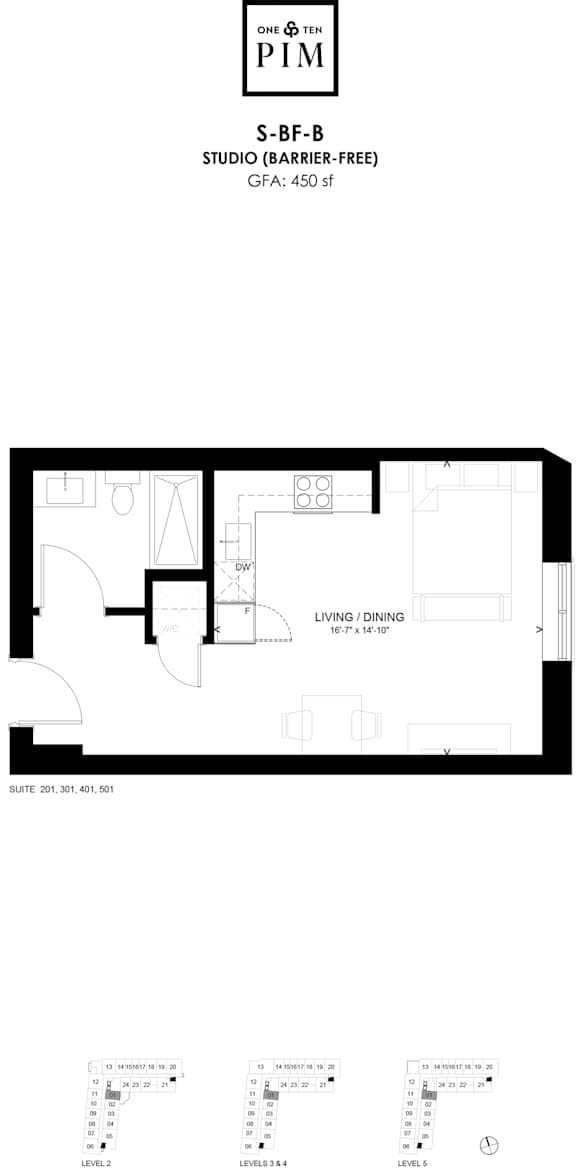 A floor plan of a studio apartment with living and dining areas.