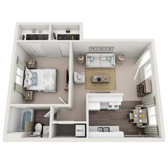 A 3D floor plan of a small apartment with two bedrooms and a kitchen.