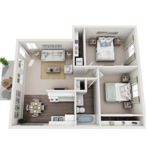 A 3D floor plan of a small apartment with a kitchen, living room, and two bedrooms.