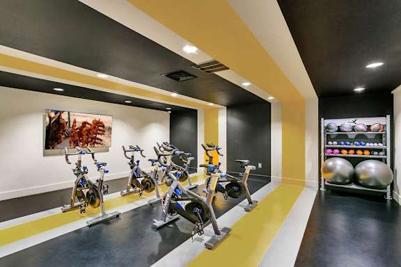 A gym with exercise bikes and a shelf of exercise balls. at The Lex At Lowry, Denver