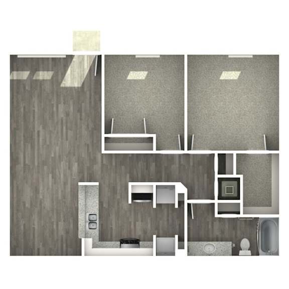 Floor Plan  A top down view of a bathroom with a toilet, sink, bathtub, and shower.
