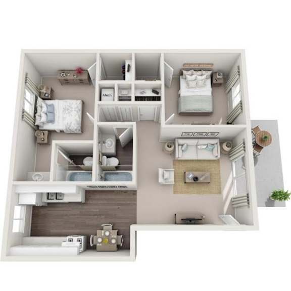 A 3D floor plan of a small apartment with two bedrooms, a living room, and a kitchen.