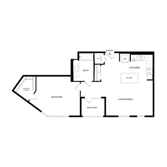 A floor plan of a home with a bedroom, living/dining area, kitchen, and bathroom.
