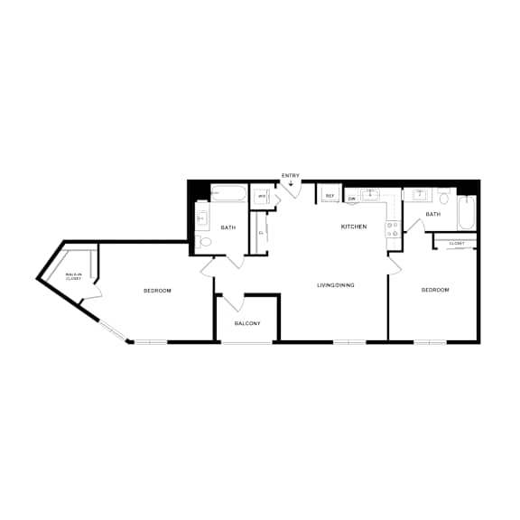 A black and white floor plan of a house with two bedrooms, a living room, a kitchen, a bathroom, a balcony, a laundry room, and an entry.