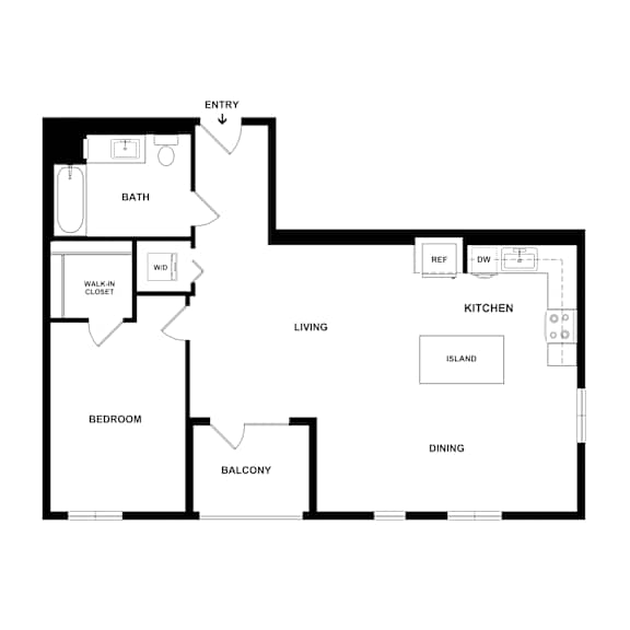 A floor plan of a house with a kitchen, living room, dining room, bedroom and bathroom.