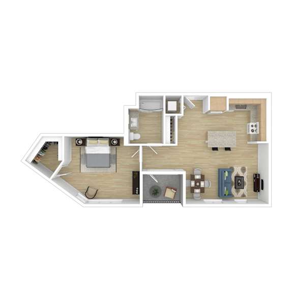 A top-down view of a house layout with a kitchen, living room, and bedrooms.
