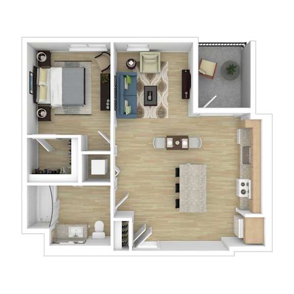 A top-down view of a small apartment with a bedroom, living room, and kitchen.
