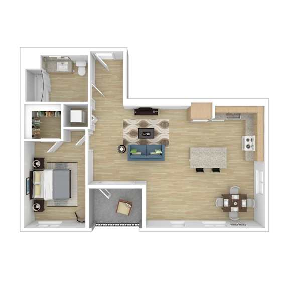 A floor plan of a house with a living room, kitchen, and two bedrooms.
