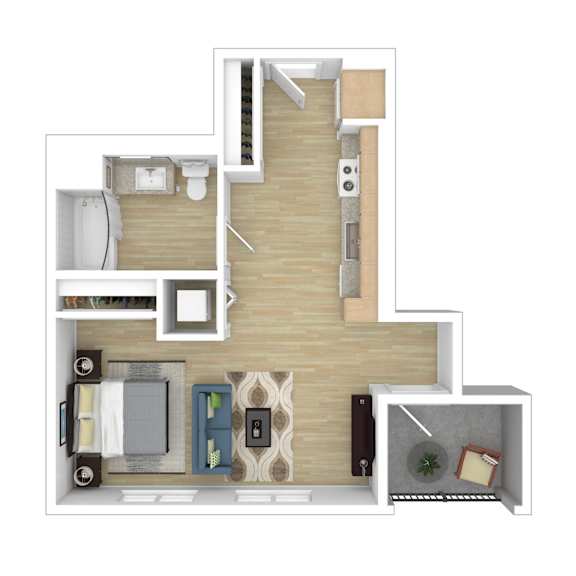 A floor plan of a house with a kitchen, living room, and bathroom.