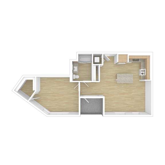 A floor plan of a house with a kitchen, living room, and two bedrooms.