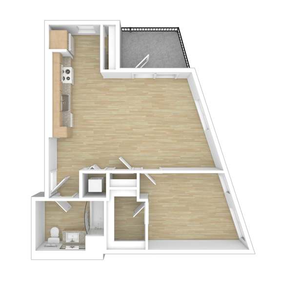 A 3D rendered image of a modern apartment layout.