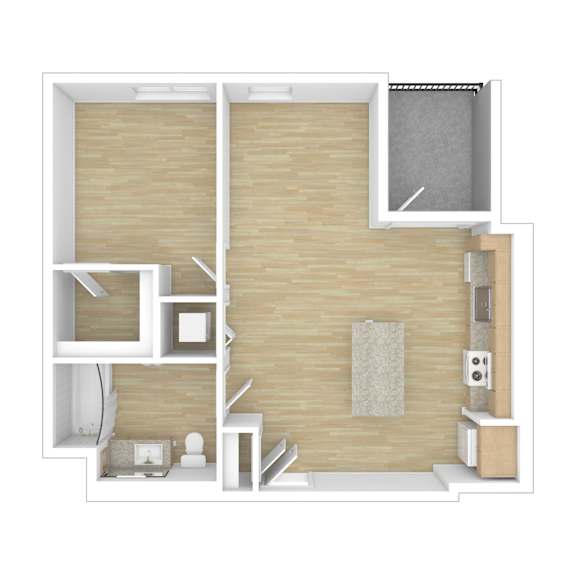 A drawing of a room with a bed, a desk, and a chair.