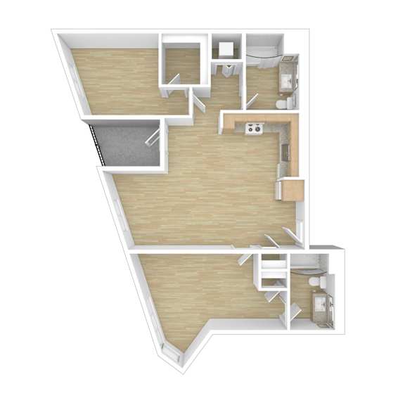 A 3D floor plan of a house with a kitchen, living room, and two bedrooms.