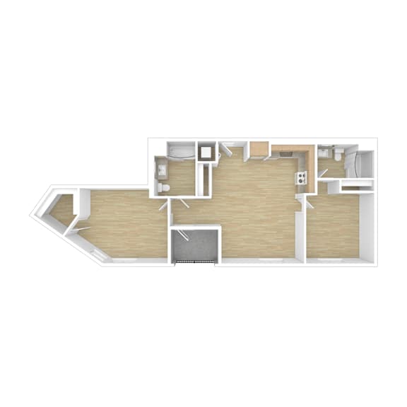 A floor plan of a house with a kitchen, living room, and two bedrooms.