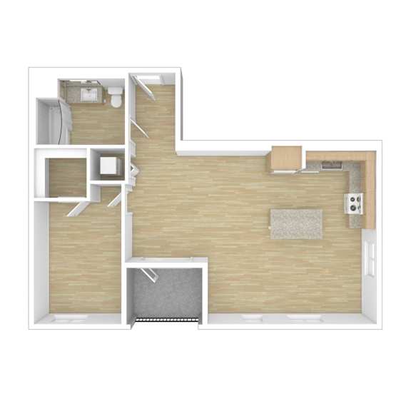 A floor plan of a house with a kitchen, living room, and bedrooms.