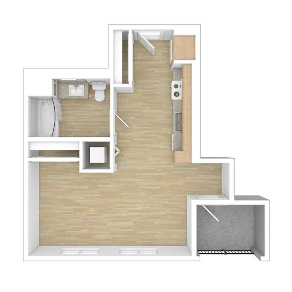 A floor plan of a house with a kitchen, living room, and bathroom.