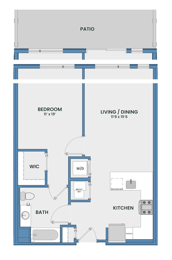 One bedroom floor plan with patio at 51 South Apartments, White Plains, NY 10601