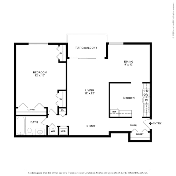 A black and white floor plan of a home with a study, kitchen, dining room, and bathroom.