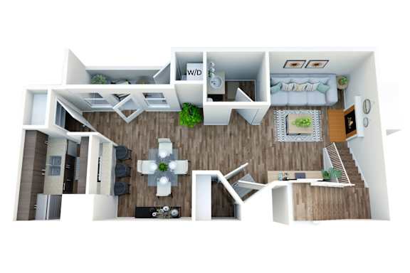 A 3D floor plan of a house with a living room, kitchen, and bedrooms.
