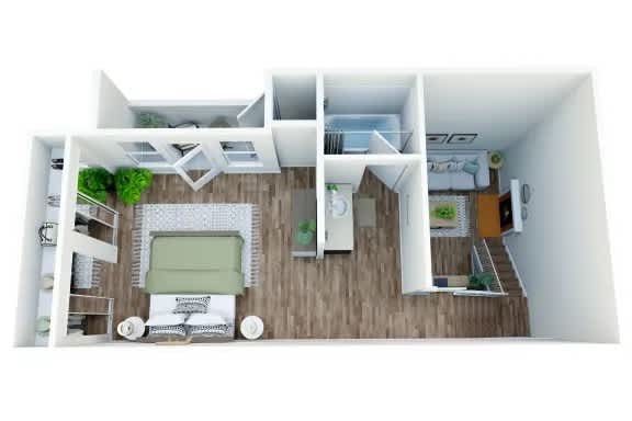A 3D floor plan of a small apartment with a kitchen, living room, and bedroom.