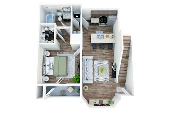 A white and wood floor plan of a small apartment with a kitchen, living room, and bedroom.