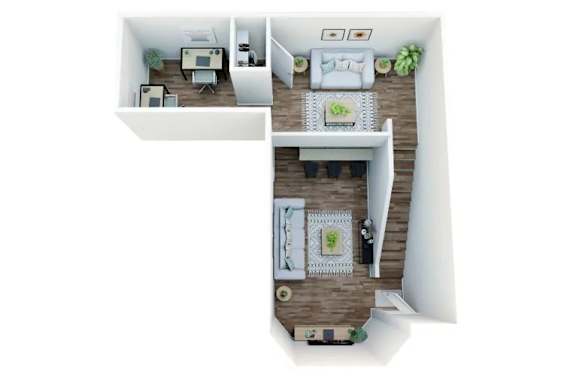 A top down view of a small apartment with a living room, kitchen, and bedroom.