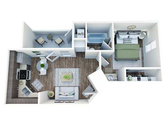 A 3D floor plan of a small apartment with a living room, kitchen, and bathroom.