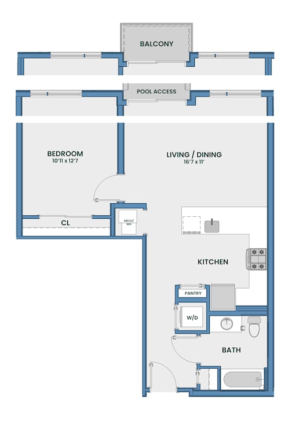 One bedroom floor plan with balcony and pool access at 51 South Apartments, White Plains, NY
